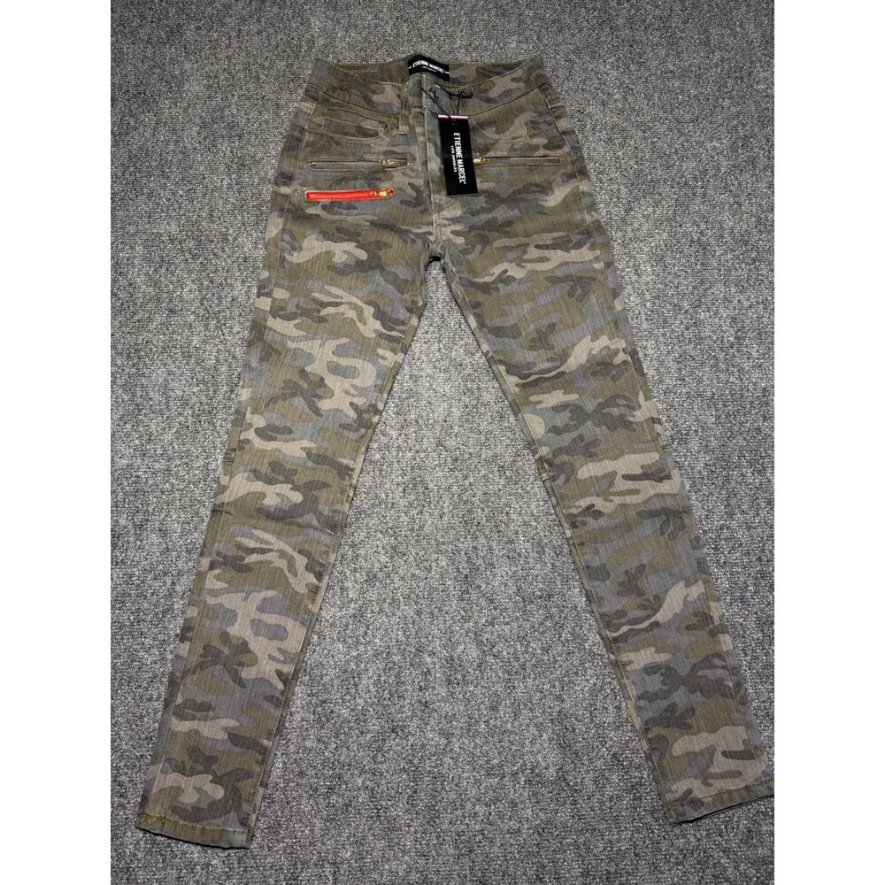 Camo Flare Wide-Leg Jeans with Red Zip Accent